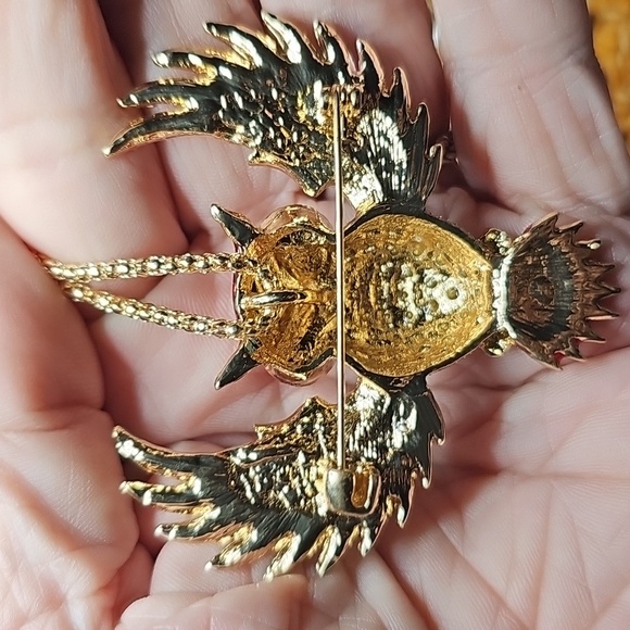Betsey Johnson Red and Gold Rhinestone Owl Pendant & Brooch - Picture 2 of 3